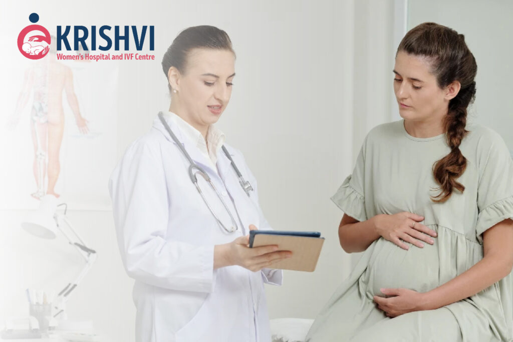 Doctor explaining pregnancy care and IVF process at IVF clinic India, Krishvi IVF Centre Ahmedabad providing fertility treatment, infertility treatment and IVF success support.