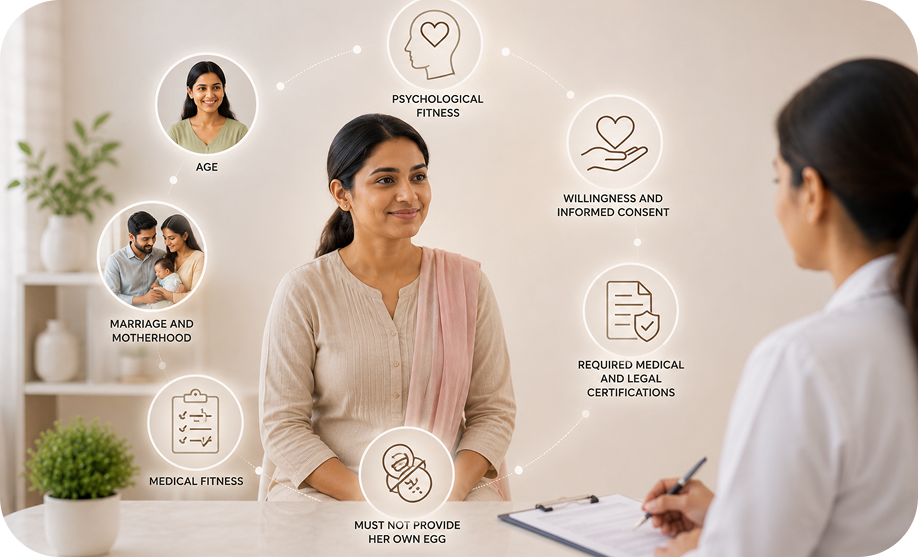 Surrogate mother eligibility and requirements including medical, psychological fitness and informed consent for surrogacy in India.